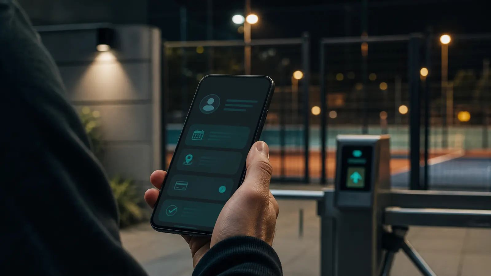 Telefono movil con interfaz de reservas y acceso junto a una instalacion deportiva municipal.