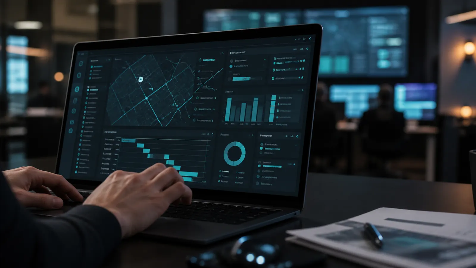Panel de gestion municipal en un portatil con mapa, horarios e indicadores de servicio.