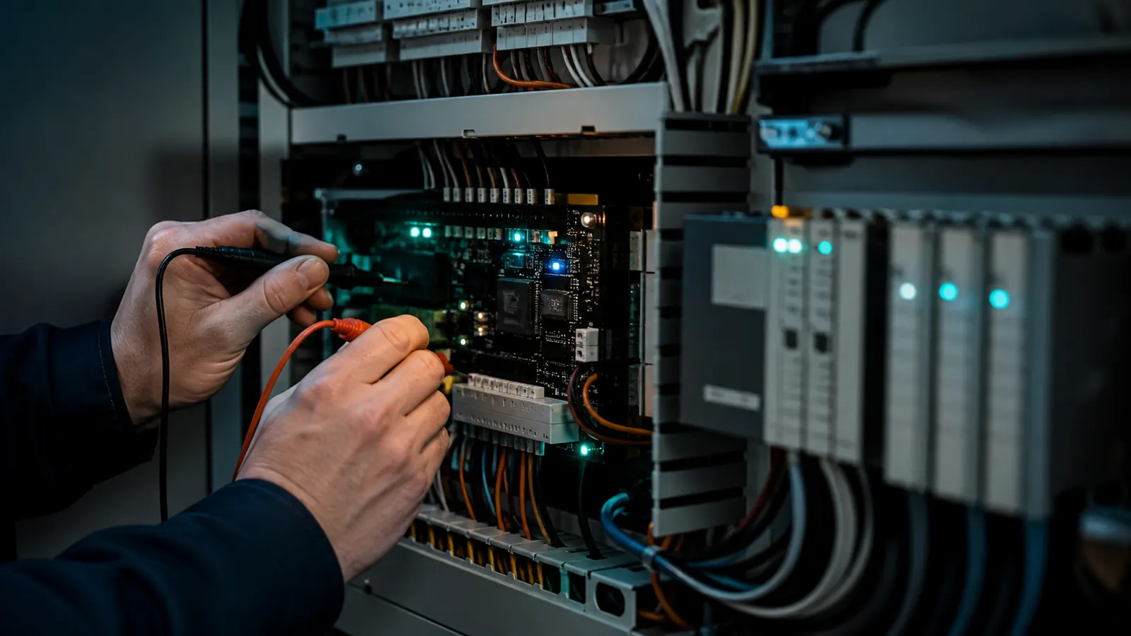 Primer plano de un cuadro electronico con controlador, cableado y luces de diagnostico.