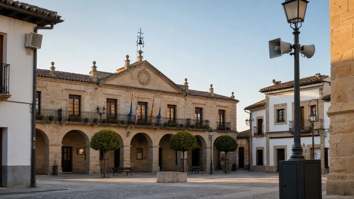 Imagen provisional de megafonía municipal instalada en una plaza